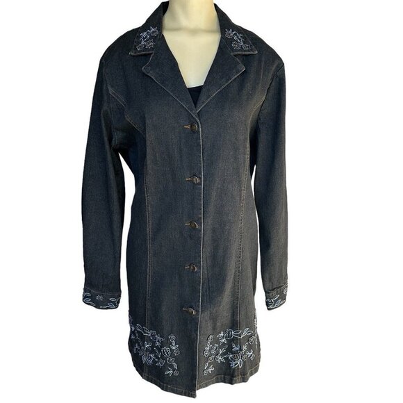 Susan Graver Notations Denim Dress Jean Jacket Charcoal Embroidered Beads Size S - Picture 1 of 12